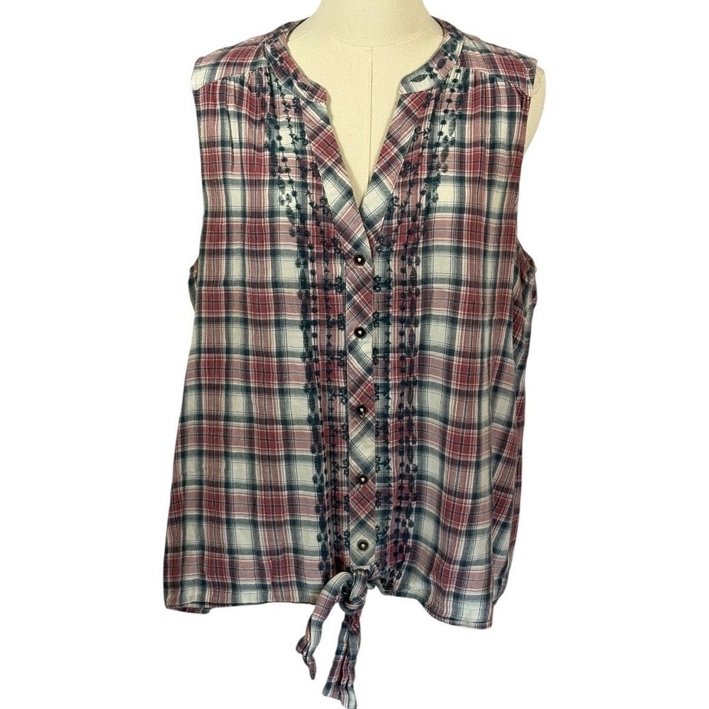 Knox Rose 100% Cotton White, Red, & Blue‎ Button Down Tank Top (Size L)